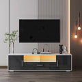 Meuble TV gris de 160 cm avec lumières LED, placards et étagères ouvertes pour TV jusqu'à 65 pouces