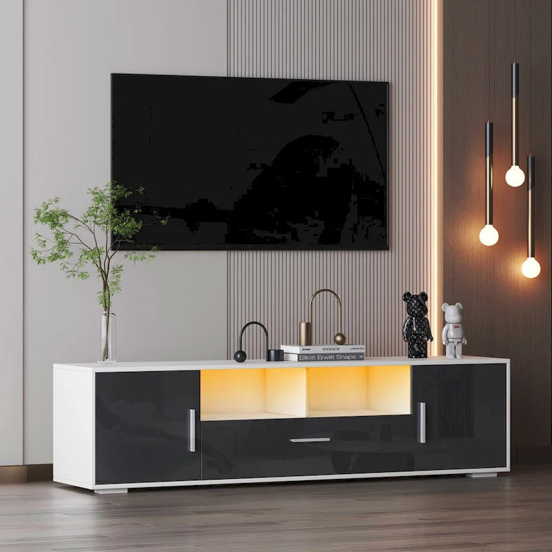 Meuble TV gris de 160 cm avec lumières LED, placards et étagères ouvertes pour TV jusqu'à 65 pouces