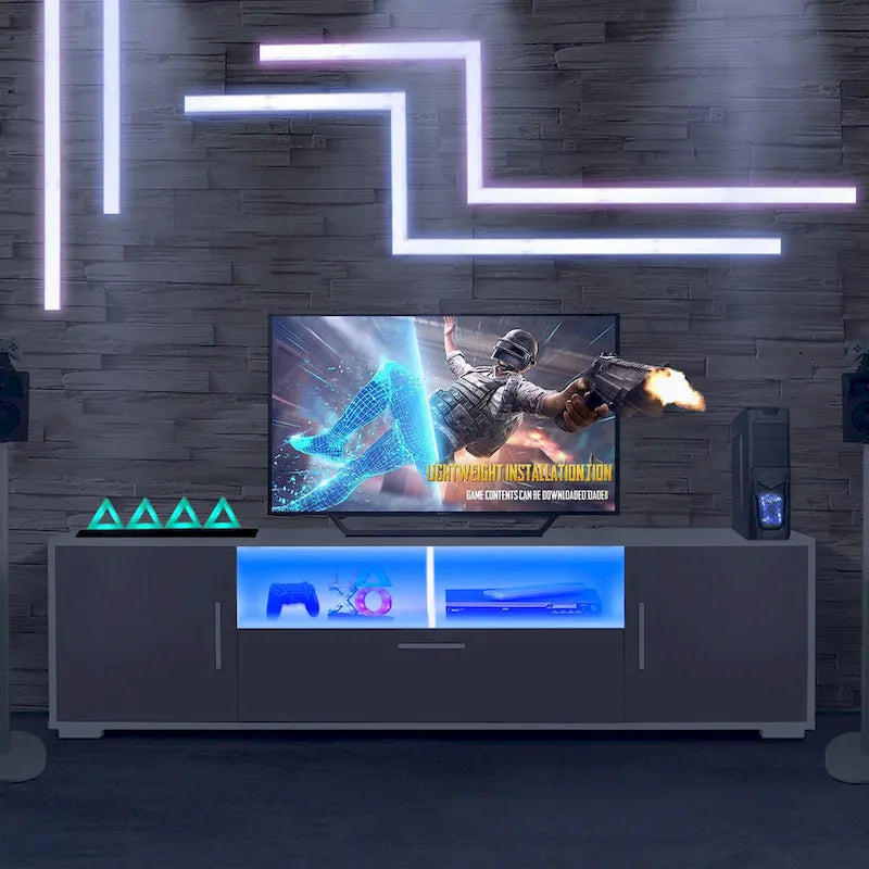 Meuble TV gris de 160 cm avec lumières LED, placards et étagères ouvertes pour TV jusqu'à 65 pouces