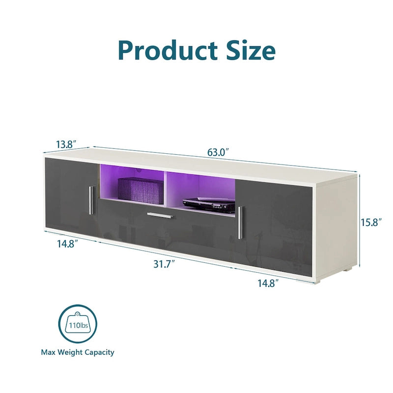 Meuble TV gris de 160 cm avec lumières LED, placards et étagères ouvertes pour TV jusqu'à 65 pouces