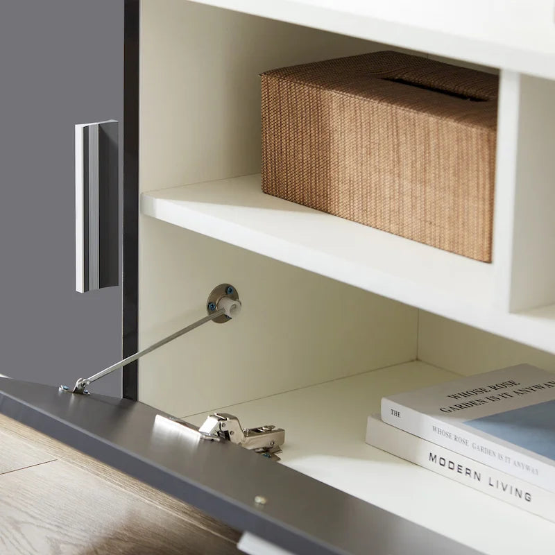 Meuble TV gris de 160 cm avec lumières LED, placards et étagères ouvertes pour TV jusqu'à 65 pouces