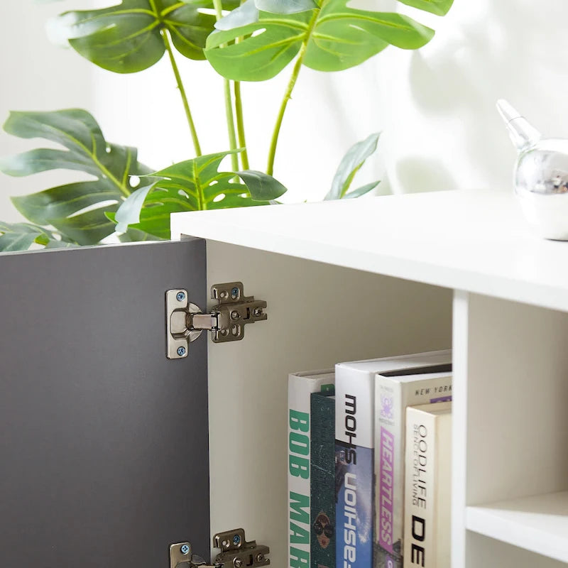 Meuble TV gris de 160 cm avec lumières LED, placards et étagères ouvertes pour TV jusqu'à 65 pouces