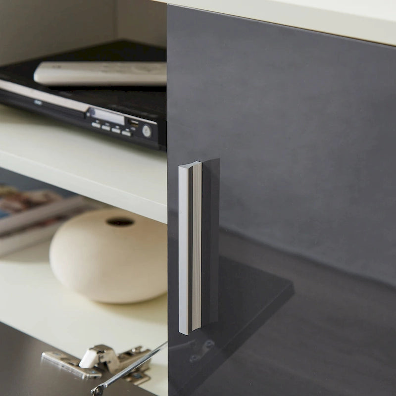 Meuble TV gris de 160 cm avec lumières LED, placards et étagères ouvertes pour TV jusqu'à 65 pouces