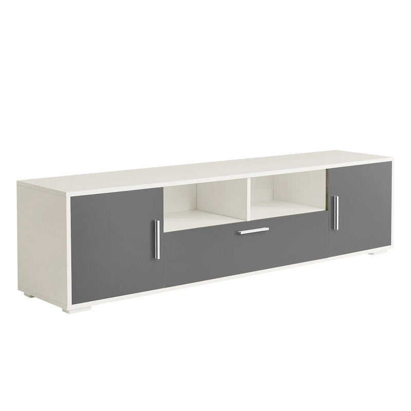 Meuble TV gris de 160 cm avec lumières LED, placards et étagères ouvertes pour TV jusqu'à 65 pouces