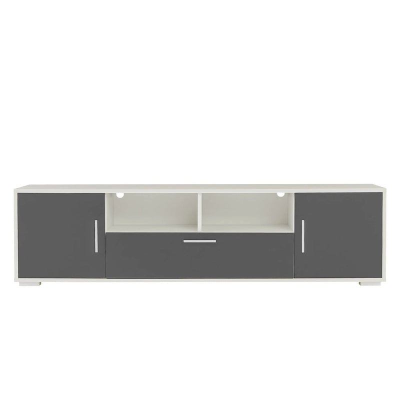 Meuble TV gris de 160 cm avec lumières LED, placards et étagères ouvertes pour TV jusqu'à 65 pouces