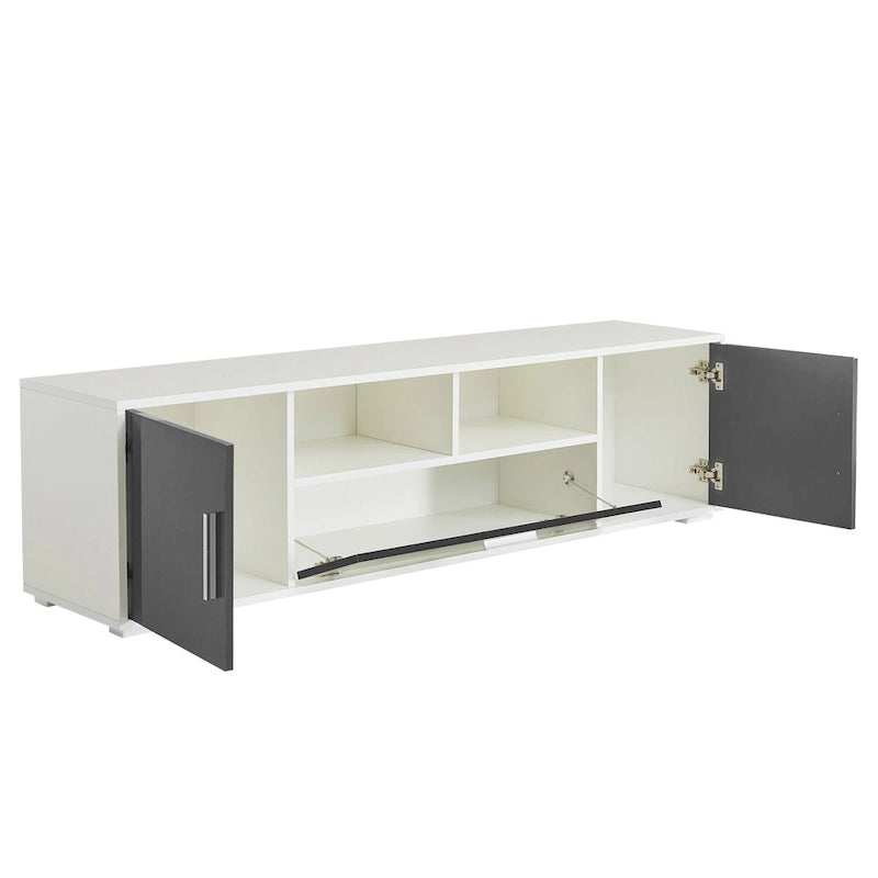 Meuble TV gris de 160 cm avec lumières LED, placards et étagères ouvertes pour TV jusqu'à 65 pouces