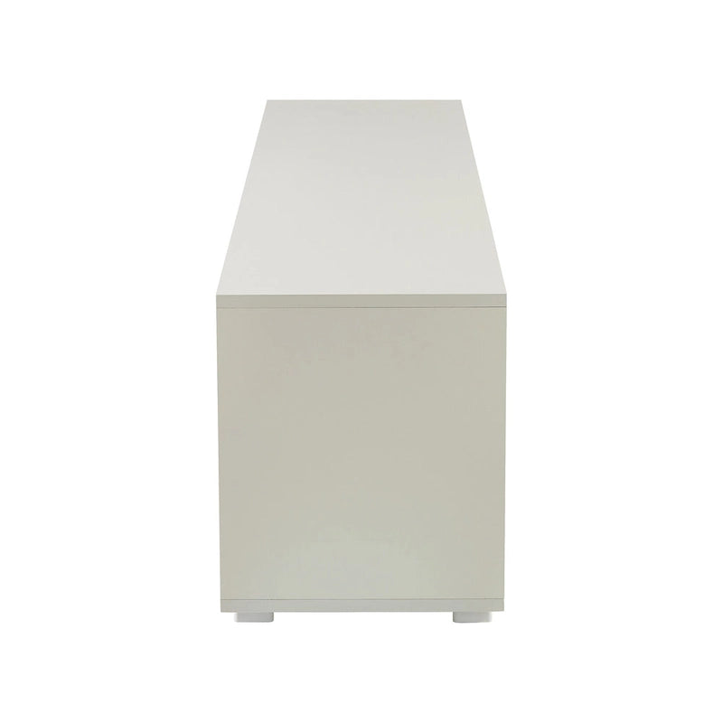 Meuble TV gris de 160 cm avec lumières LED, placards et étagères ouvertes pour TV jusqu'à 65 pouces