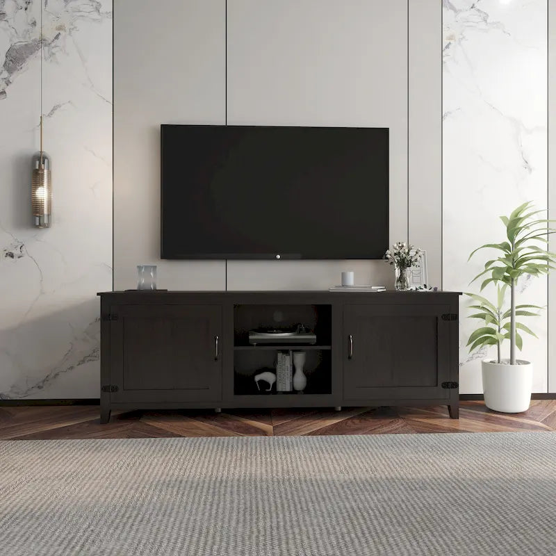 Meuble TV noir 70 po avec portes et compartiments ouverts pour téléviseurs 60 po