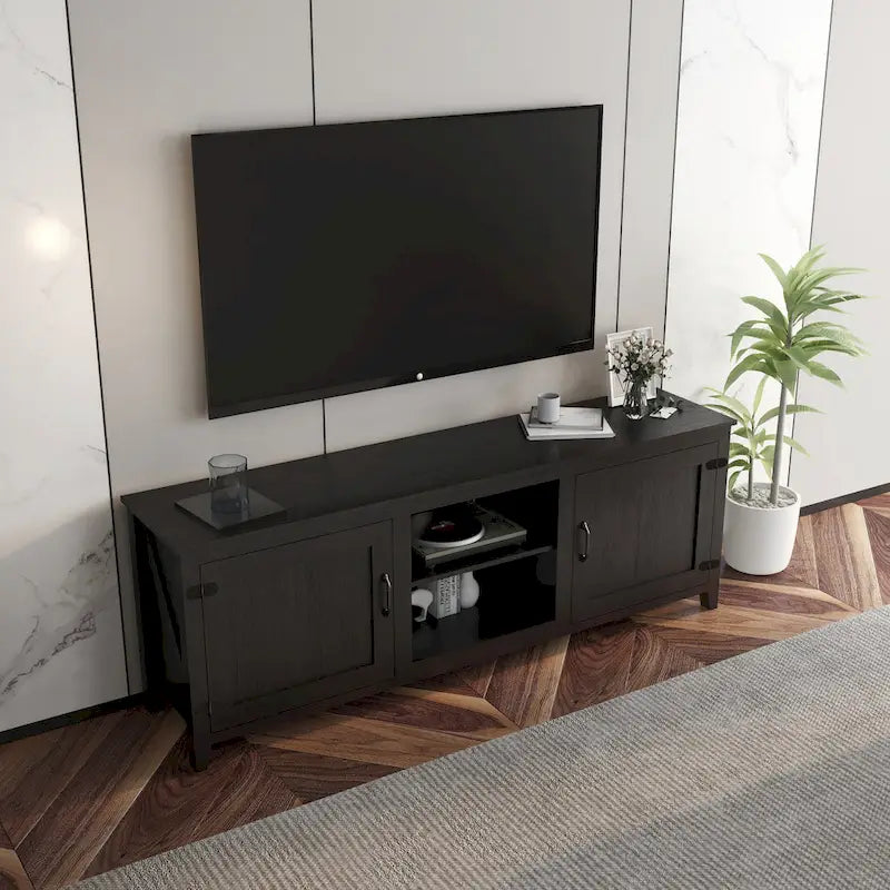 Meuble TV noir 70 po avec portes et compartiments ouverts pour téléviseurs 60 po