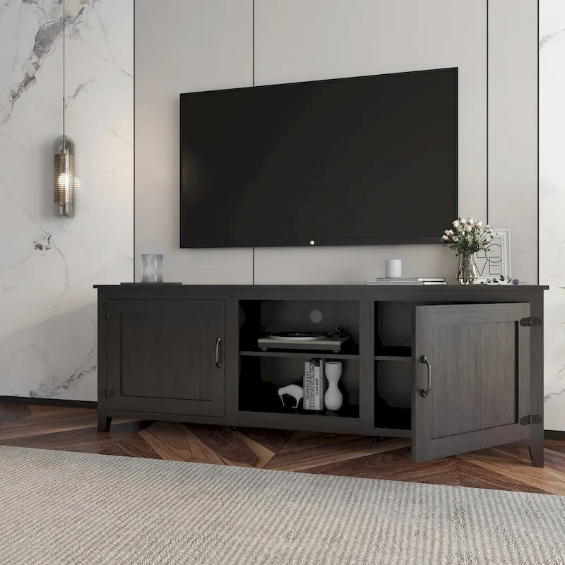 Meuble TV noir 70 po avec portes et compartiments ouverts pour téléviseurs 60 po