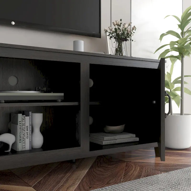 Meuble TV noir 70 po avec portes et compartiments ouverts pour téléviseurs 60 po