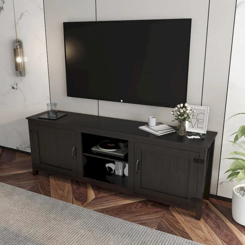 Meuble TV noir 70 po avec portes et compartiments ouverts pour téléviseurs 60 po