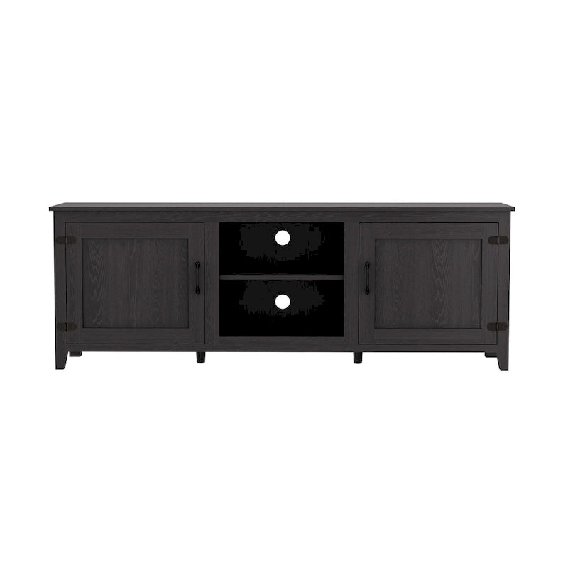 Meuble TV noir 70 po avec portes et compartiments ouverts pour téléviseurs 60 po