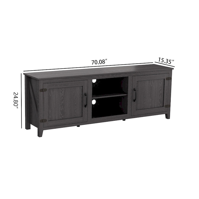 Meuble TV noir 70 po avec portes et compartiments ouverts pour téléviseurs 60 po