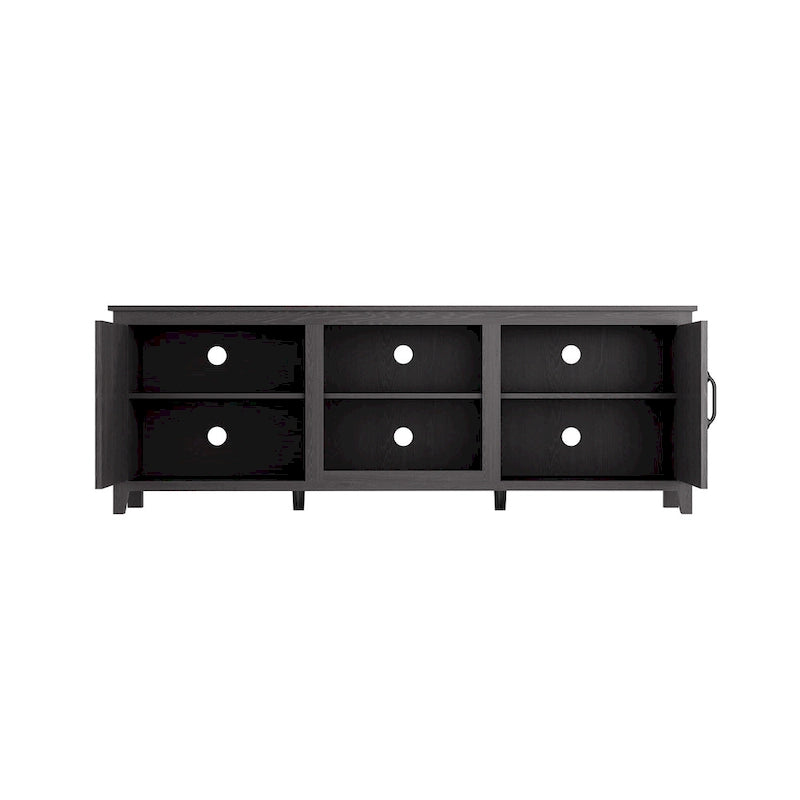 Meuble TV noir 70 po avec portes et compartiments ouverts pour téléviseurs 60 po
