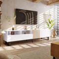 Meuble TV blanc et naturel de 180 cm avec rangement et porte abattante, pour TV jusqu'à 80"