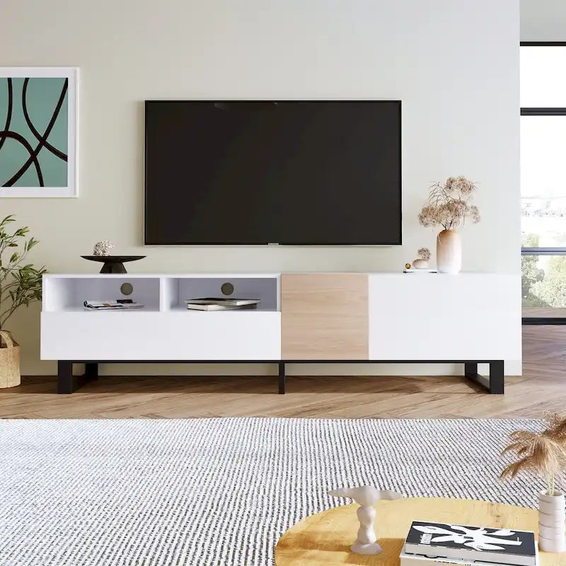 Meuble TV blanc et naturel de 180 cm avec rangement et porte abattante, pour TV jusqu'à 80"