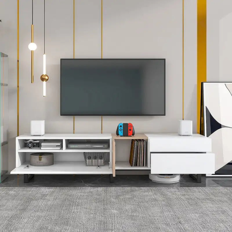 Meuble TV blanc et naturel de 180 cm avec rangement et porte abattante, pour TV jusqu'à 80"