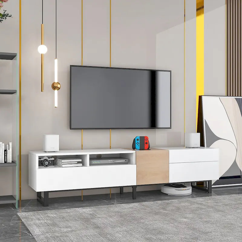 Meuble TV blanc et naturel de 180 cm avec rangement et porte abattante, pour TV jusqu'à 80"