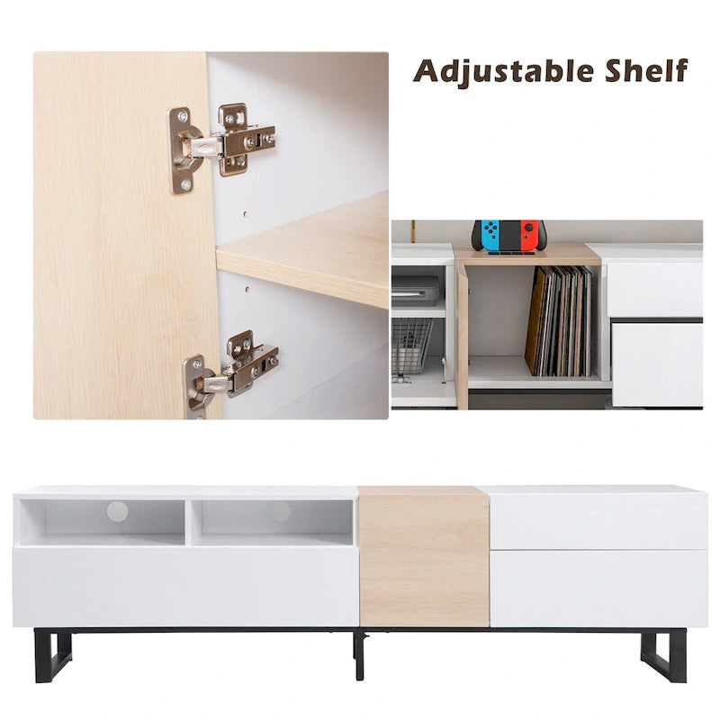 Meuble TV blanc et naturel de 180 cm avec rangement et porte abattante, pour TV jusqu'à 80"