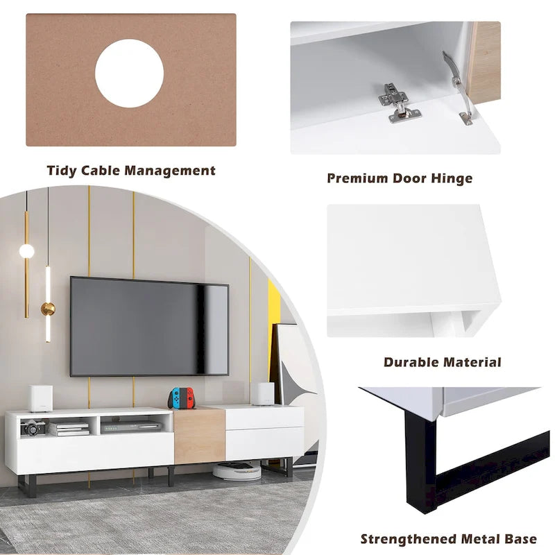 Meuble TV blanc et naturel de 180 cm avec rangement et porte abattante, pour TV jusqu'à 80"