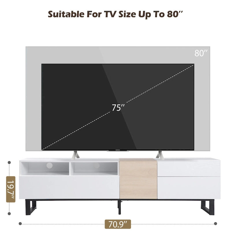 Meuble TV blanc et naturel de 180 cm avec rangement et porte abattante, pour TV jusqu'à 80"