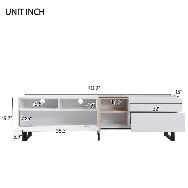 Meuble TV blanc et naturel de 180 cm avec rangement et porte abattante, pour TV jusqu'à 80"