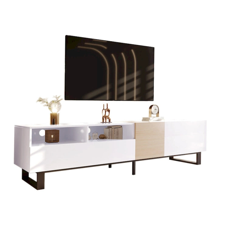 Meuble TV blanc et naturel de 180 cm avec rangement et porte abattante, pour TV jusqu'à 80"
