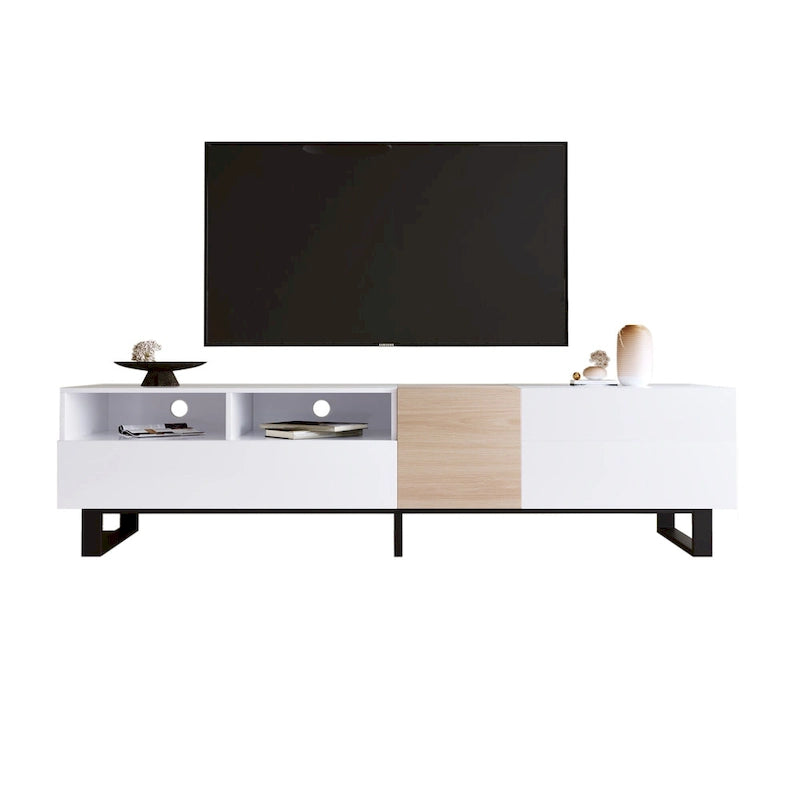 Meuble TV blanc et naturel de 180 cm avec rangement et porte abattante, pour TV jusqu'à 80"