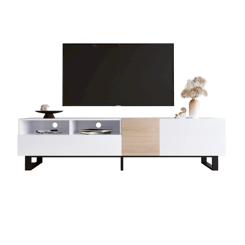 Meuble TV blanc et naturel de 180 cm avec rangement et porte abattante, pour TV jusqu'à 80"