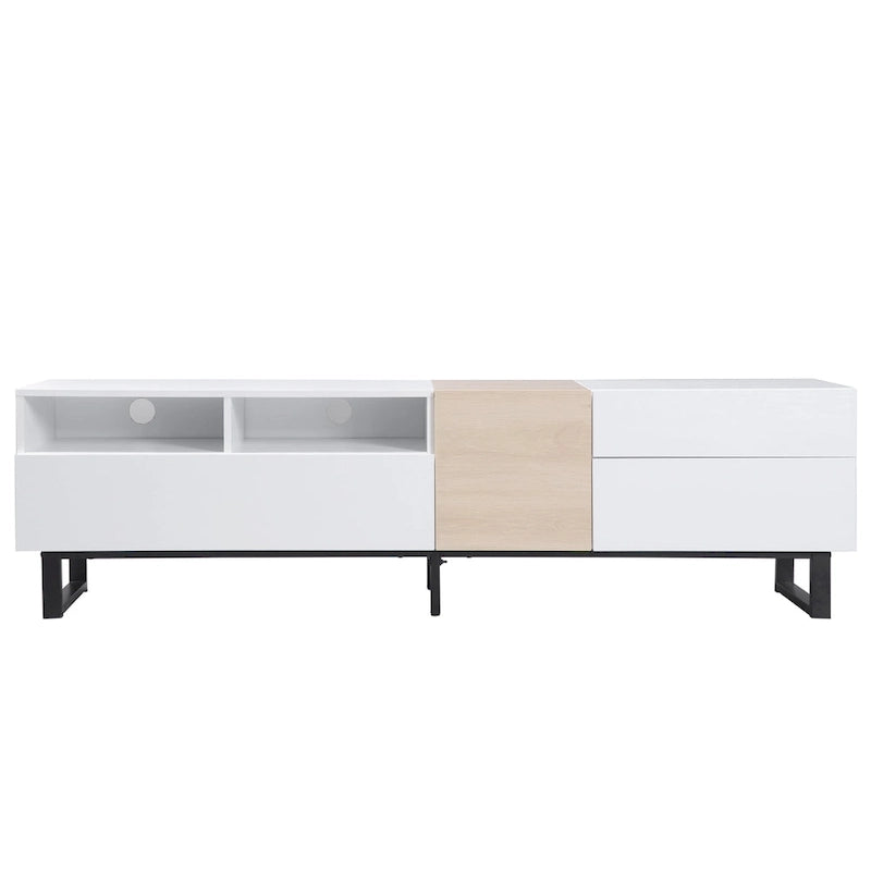 Meuble TV blanc et naturel de 180 cm avec rangement et porte abattante, pour TV jusqu'à 80"