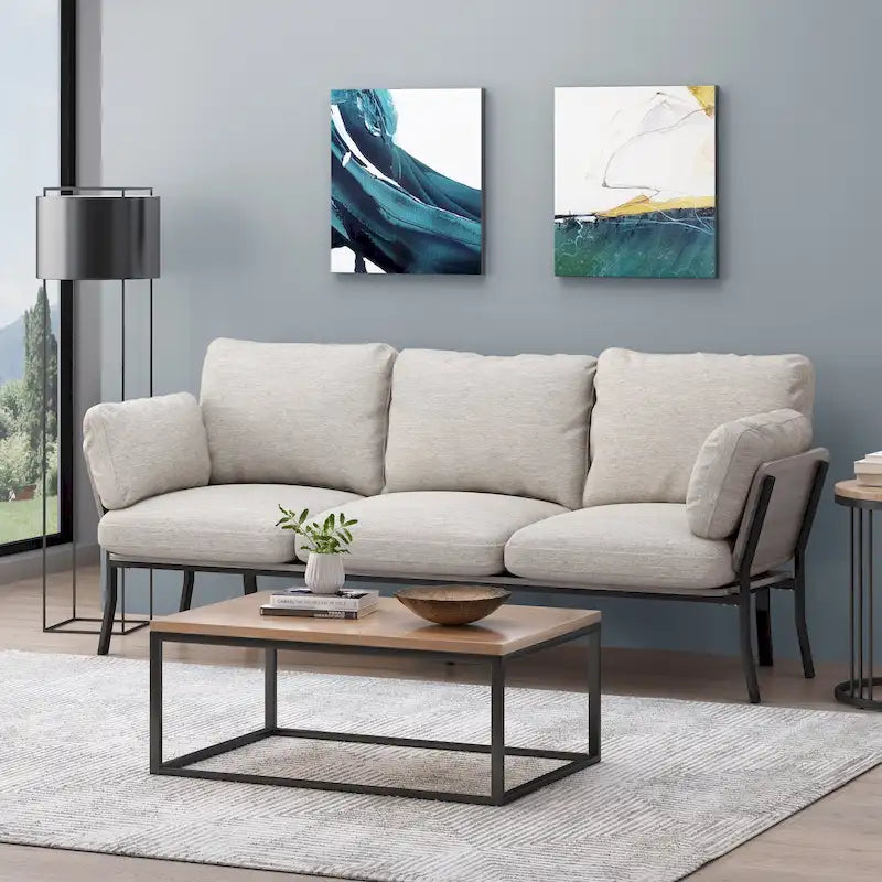 Canapé 3 places moderne de 203,8 cm avec accoudoirs évasés, oreillers et pieds en bois