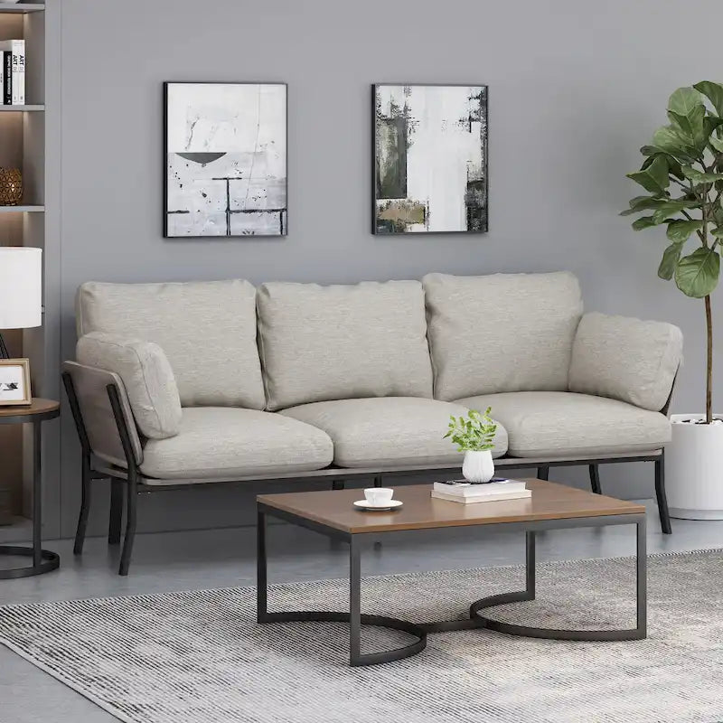 Canapé 3 places moderne de 203,8 cm avec accoudoirs évasés, oreillers et pieds en bois