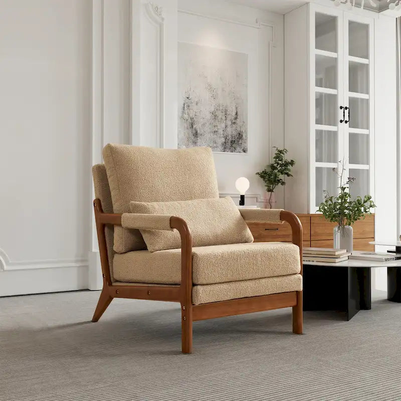 Fauteuil d'appoint moderne en tissu Teddy, fauteuil avec cadre en bois pour le salon