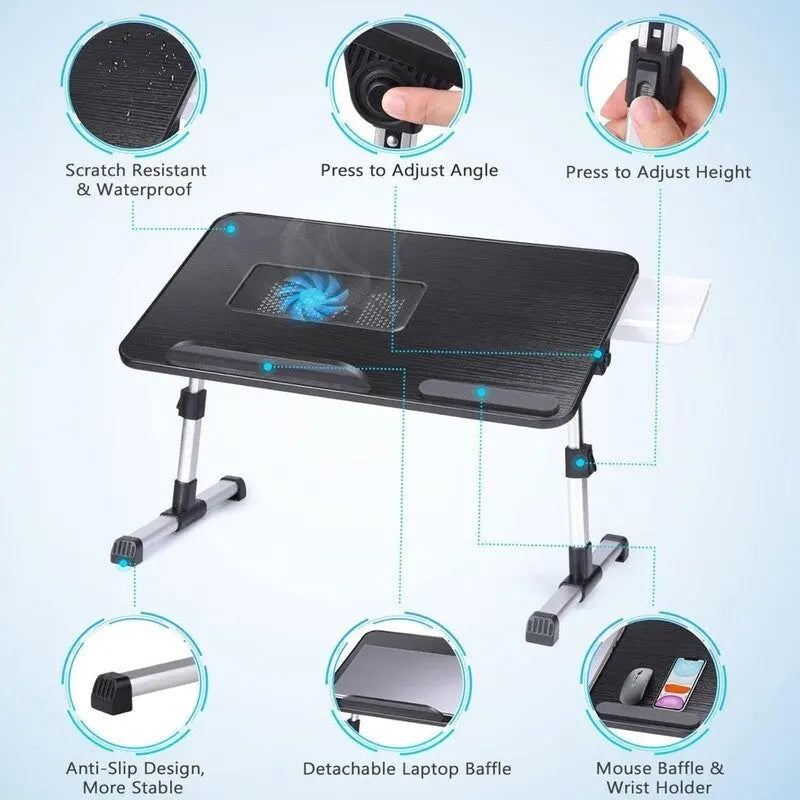Support de lit réglable pour ordinateur portable avec ventilateur de refroidissement et tiroir latéral