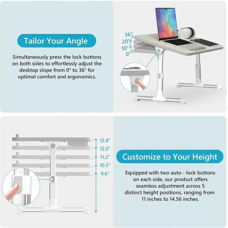 Support de lit réglable pour ordinateur portable avec ventilateur de refroidissement et tiroir latéral