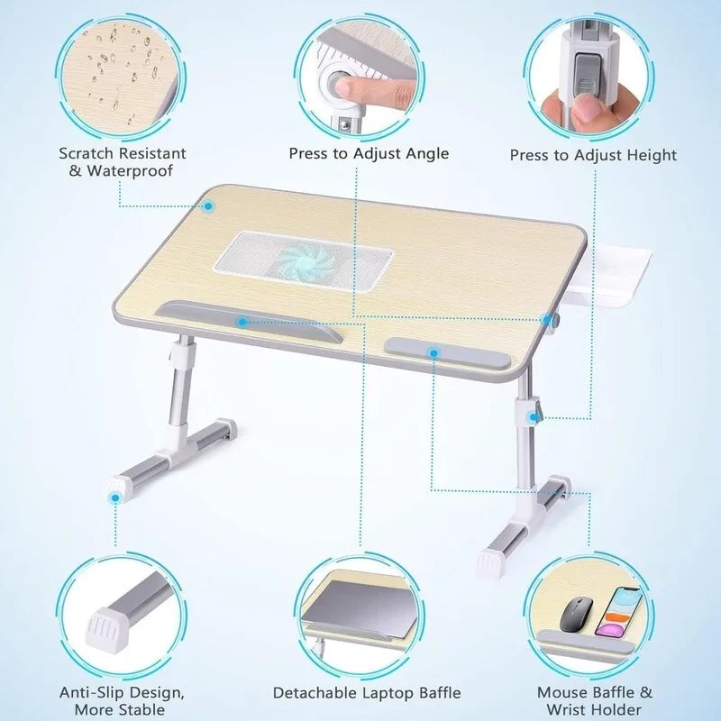 Support de lit réglable pour ordinateur portable avec ventilateur de refroidissement et tiroir latéral