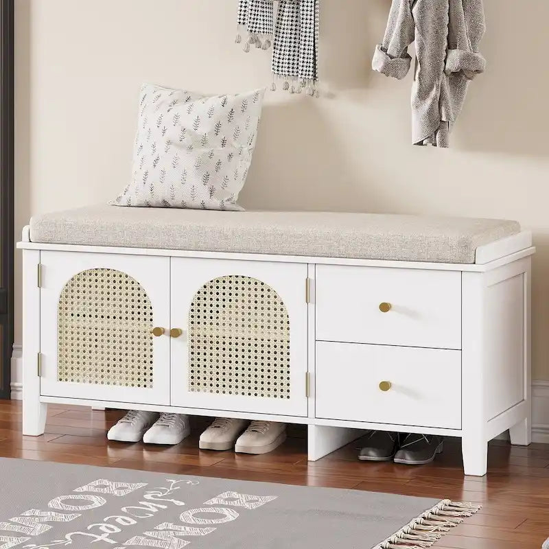 Banc de rangement d'entrée avec coussin, 2 tiroirs et portes en rotin