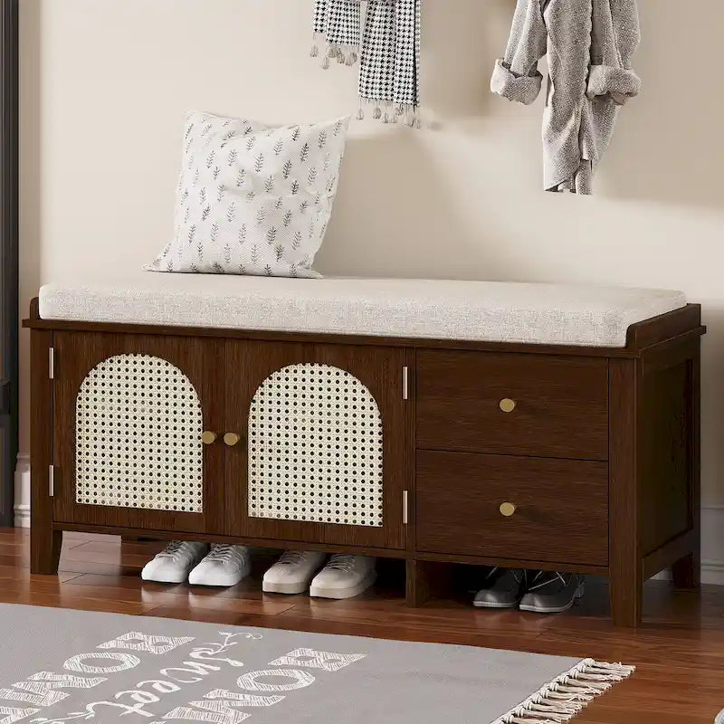 Banc de rangement d'entrée avec coussin, 2 tiroirs et portes en rotin