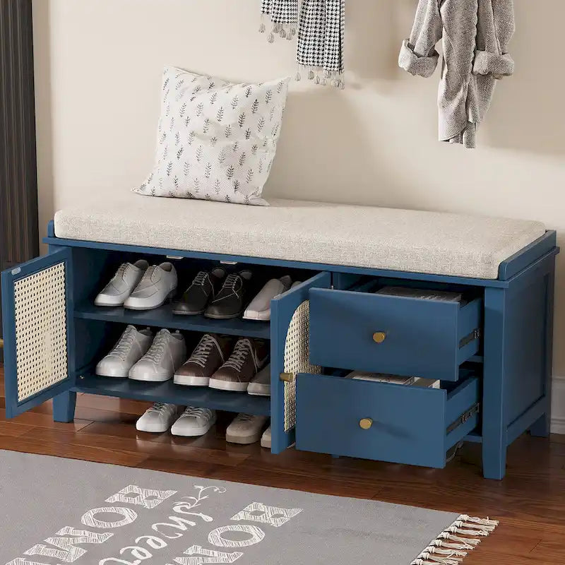 Banc de rangement d'entrée avec coussin, 2 tiroirs et portes en rotin