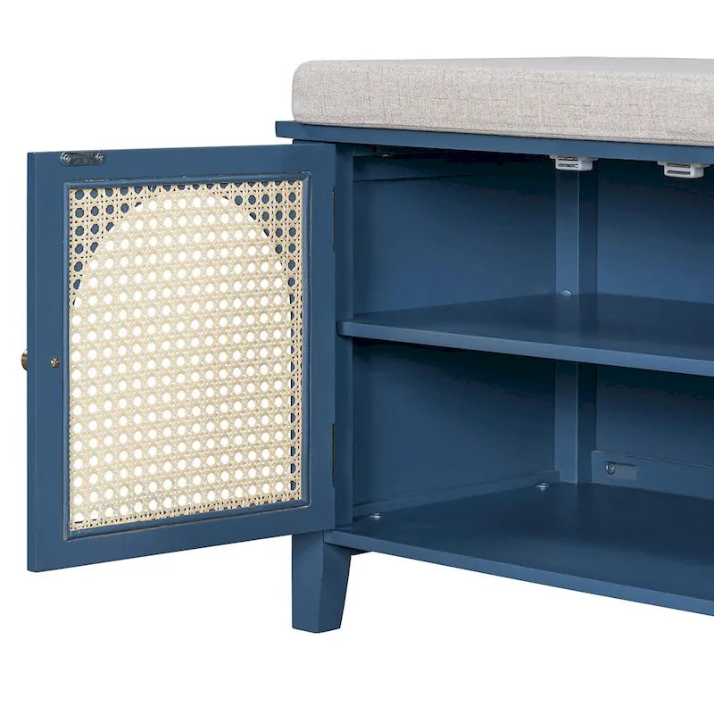 Banc de rangement d'entrée avec coussin, 2 tiroirs et portes en rotin