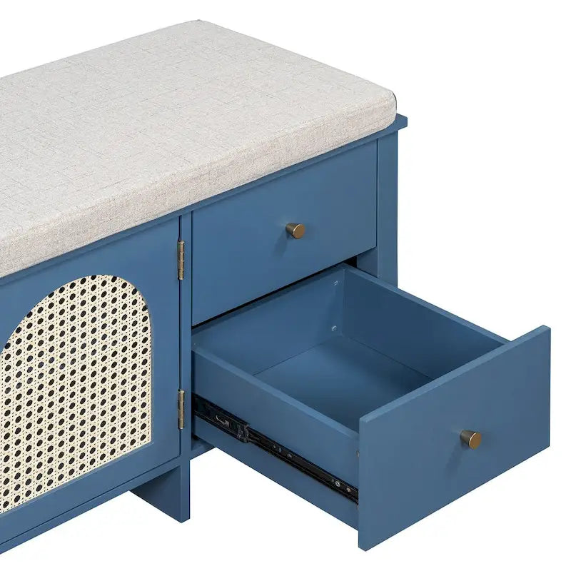Banc de rangement d'entrée avec coussin, 2 tiroirs et portes en rotin