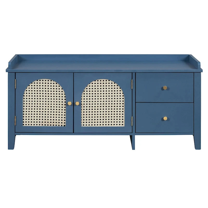 Banc de rangement d'entrée avec coussin, 2 tiroirs et portes en rotin