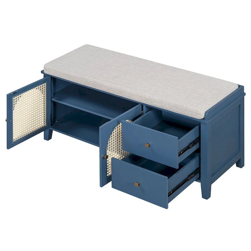 Banc de rangement d'entrée avec coussin, 2 tiroirs et portes en rotin
