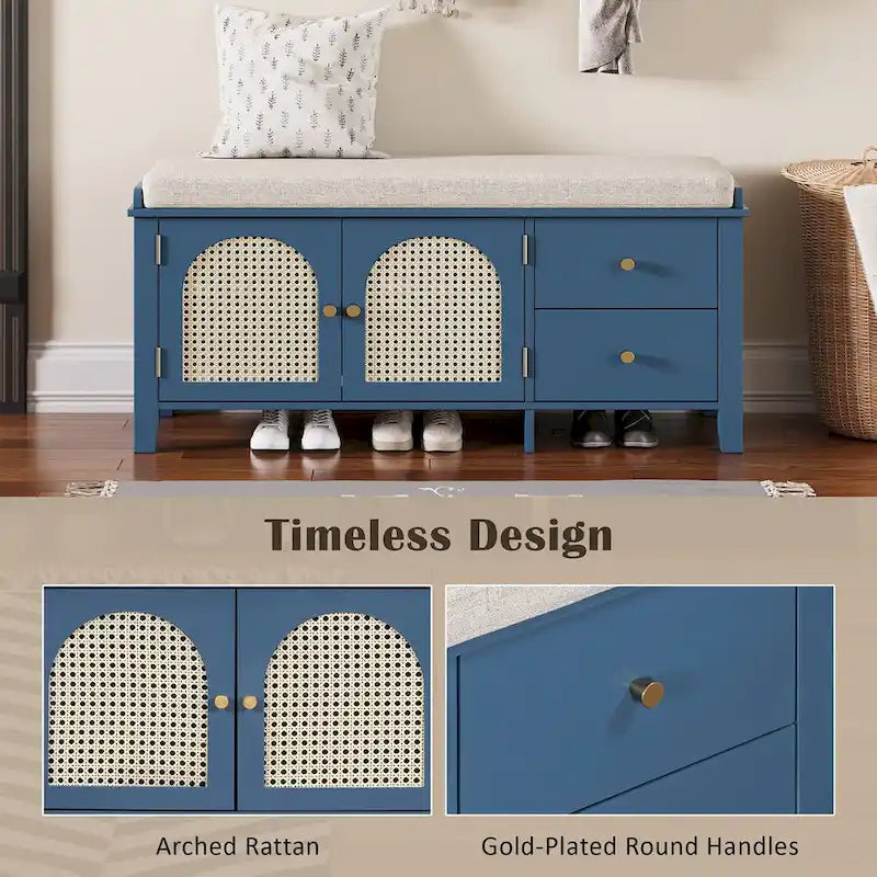 Banc de rangement d'entrée avec coussin, 2 tiroirs et portes en rotin