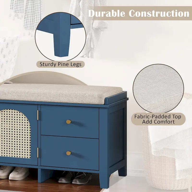 Banc de rangement d'entrée avec coussin, 2 tiroirs et portes en rotin