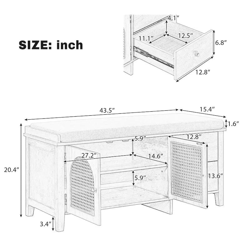 Banc de rangement d'entrée avec coussin, 2 tiroirs et portes en rotin