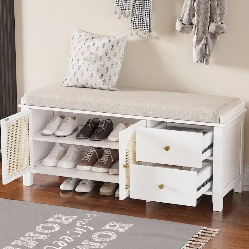 Banc de rangement d'entrée avec coussin, 2 tiroirs et portes en rotin