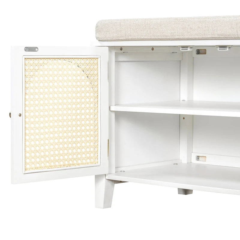 Banc de rangement d'entrée avec coussin, 2 tiroirs et portes en rotin