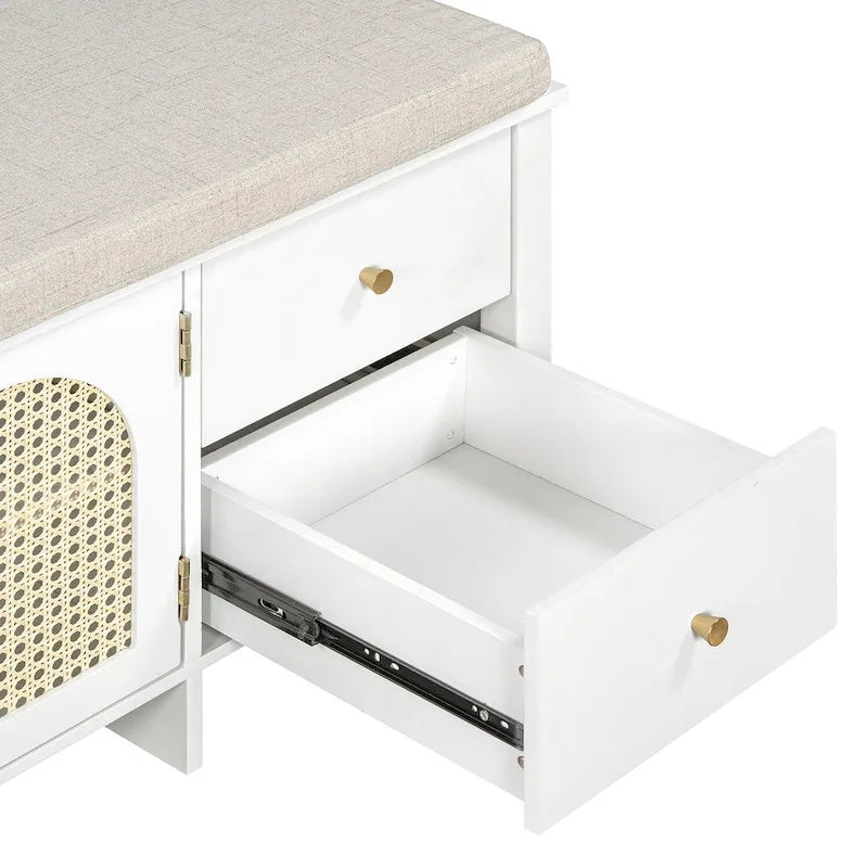 Banc de rangement d'entrée avec coussin, 2 tiroirs et portes en rotin
